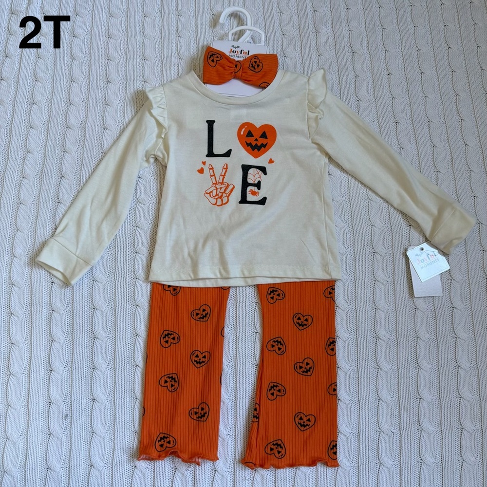 NEW Girls Halloween Outfit 2T Cute LOVE Pumpkin October Fall Spooky Vibes